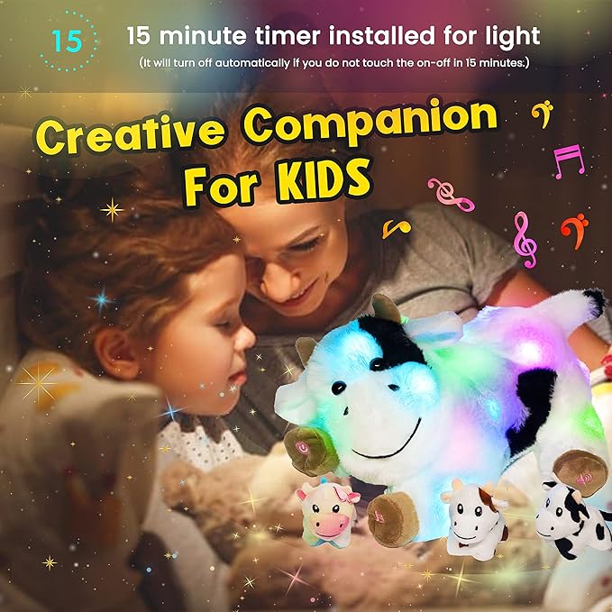 Hopearl LED Musical Stuffed Cow Lighting Up Singing Plush Toy 3 Baby 15''