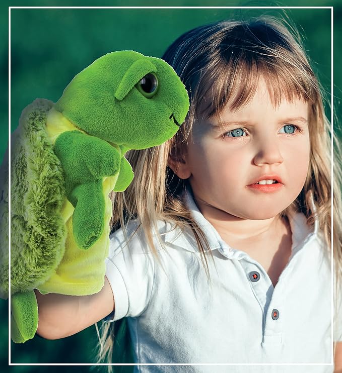 DolliBu Sea Turtle Hand Puppet - Super Soft Stuffed Animal Hand Puppets for Kids, Educational Hand Puppet Plush Toy for Kids and Adults 10 Inch