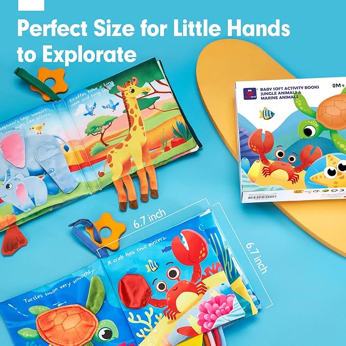 hahaland Baby Books 0-6 Months - 2 PCS Sensory Montessori Toys for Babies 0-6 Months with Crinkle Squeaky Sounds, Mirrors