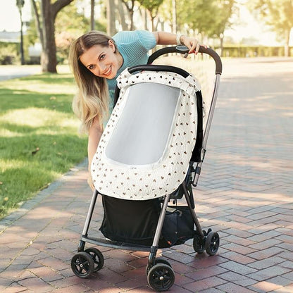 Muslin Cotton Car Seat Cover Baby, Universal Fit Carseat Cover for Baby, Infant Car Seat Cover with Mesh Peep Window, Baby Car Seat Cover for Carrier, Stroller, High Chair, Shopping Cart (Heart)