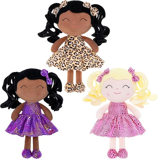 Gloveleya Soft Dolls Plush Figures Curly Hair Christmas Brown Dress 9inches（3pcs）