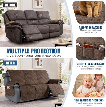 TAOCOCO 100% Waterproof Recliner Covers, Recliner Sofa Covers with Leg Straps, Reversible Recliner Couch Cover for Reclining Chair, Washable Couch Protector for Pets Kids(3 Seater, Brown)