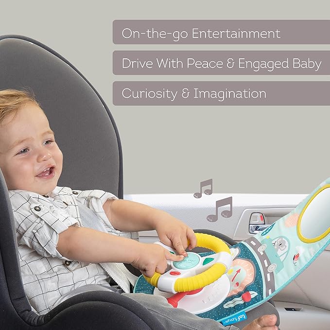Baby Car Seat Toys for Infants with Mirror, Carseat Toys Steering Wheel with Music Lights & Driving Sounds Car Seat Toy for Babies 6 to 12 Months