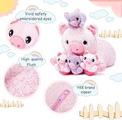 IKASA Mommy Pig Stuffed Animal Mom and Baby Plush Toy,Cute 16" Soft Small Fluffy Mama Family Set Toy with Little Mini Babies
