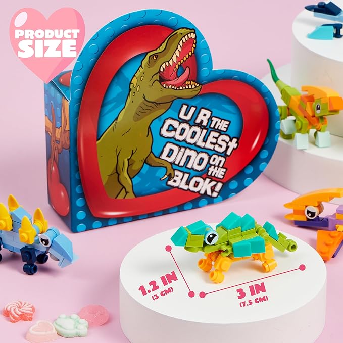 JOYIN 12 Packs Valentines Party Favors Dinosaur Building Blocks Toys with Heart Boxes for Valentine Kids Classroom Exchange, Prize Supplies, Valentine’s Gifts Exchange School Rewards