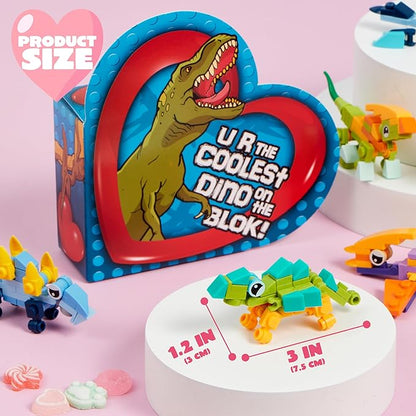 JOYIN 12 Packs Valentines Party Favors Dinosaur Building Blocks Toys with Heart Boxes for Valentine Kids Classroom Exchange, Prize Supplies, Valentine’s Gifts Exchange School Rewards