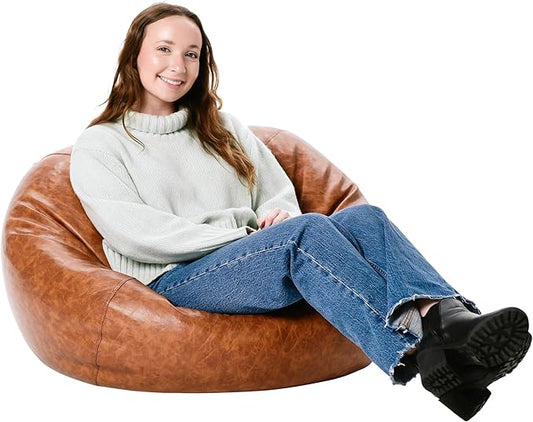 Factory Direct Partners 35" Rustic Western Bean Bag Chair; Distressed Faux Leather, Low to Ground for Reading, Playing Video Games and Relaxing; Flex Seating for Home and School - Hazelnut, 10478-322