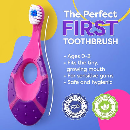 Trueocity Baby Toothbrush 4 Pack & Bonus Silicone Finger Brush, Soft Bristles, Toddler Toothbrushes, Infant & Training w/Teething Handle, 0-2 Years, Pink Set