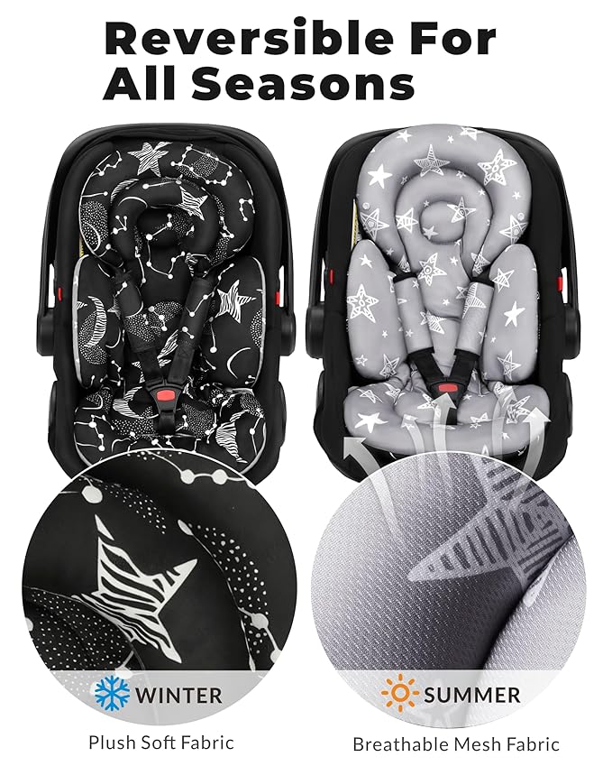Infant Car Seat Insert with Extra Cushion for Preemie to Infants, Reversible Newborn Carseat Insert Head Support, Fits for Stroller, Baby Swing, Rocker, Bassinets, Pushchair (Black Star)