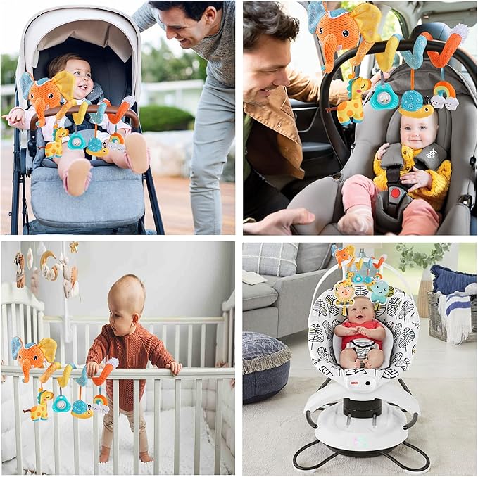 Car seat Hanging Toys, Baby Spiral Activity Plush Stroller Toys Baby Rattle Sensory Toys for Crib Mobile Bassinet with Music Box BB Squeaker Rattles, Infant Toys for 0 6 12 Months Gifts