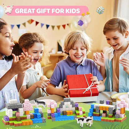 Magnetic Blocks 110PCS with 6 Animal Toys, Building Blocks Set, Toys for Boys & Girls Age 4-6,6-8, STEM Montessori Stacking Building Toys for Toddlers Kids 3+(Cherry & Animal)