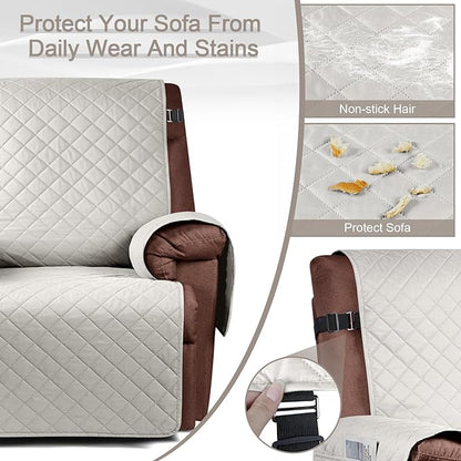 KinCam 100% Waterproof Recliner Chair Cover, Reclining Couch Covers for Pets, Dogs, Recliner Couch Slipcover Furniture Protector with Elastic Straps for Kids(30", Beige White)