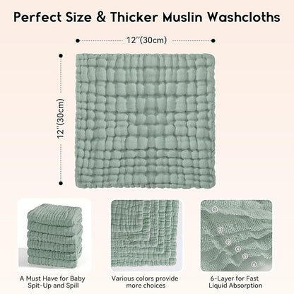 Muslin Baby Washcloths 6 Pack, 100% Cotton Wash Cloths for Babies, Large 12''X12'' Burp Cloths Absorbent and Soft for Newborn Infants Kids Boys Girls - Apricot Green Sapphire Blue