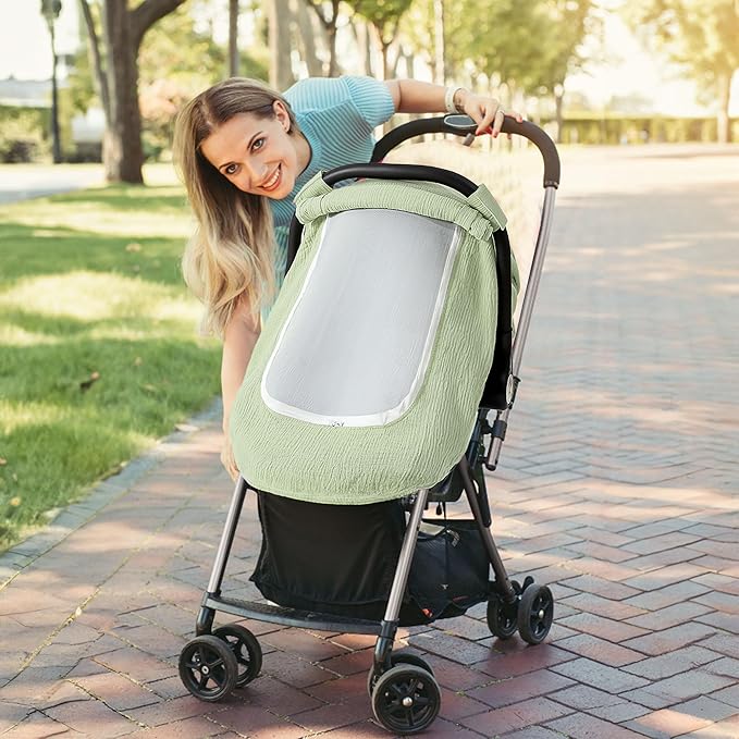 Muslin Cotton Car Seat Cover Baby, Universal Fit Carseat Cover for Baby, Infant Car Seat Cover with Mesh Peep Window, Baby Car Seat Cover for Carrier, Stroller, High Chair, Shopping Cart (Green)