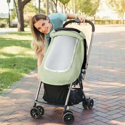 Muslin Cotton Car Seat Cover Baby, Universal Fit Carseat Cover for Baby, Infant Car Seat Cover with Mesh Peep Window, Baby Car Seat Cover for Carrier, Stroller, High Chair, Shopping Cart (Green)