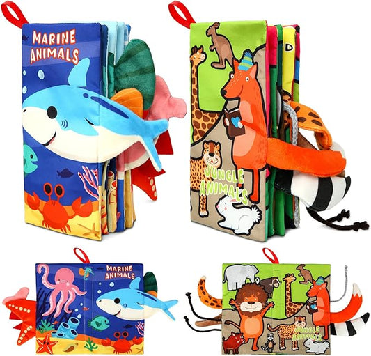2PCS Baby Books - Montessori Toys Cute Animal Theme Baby Cloth Books 6 to 12 Months, Soft Stuffed High Contrast Crinkle Infant Sensory Toys
