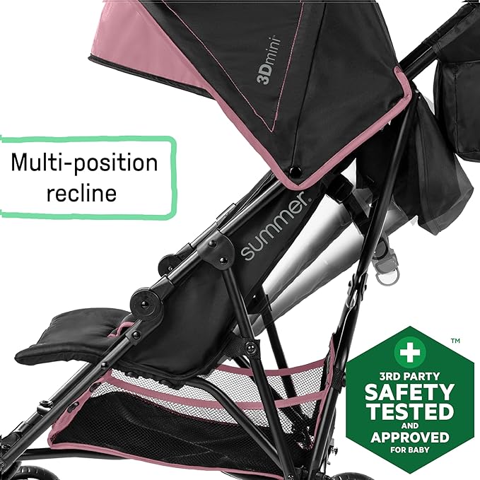 Summer by Ingenuity 3D Mini Convenience Stroller – Lightweight Stroller with Compact Fold, Multi-Position Recline, Canopy with Pop Out Sun Visor and More – Umbrella Stroller for Travel, Pink