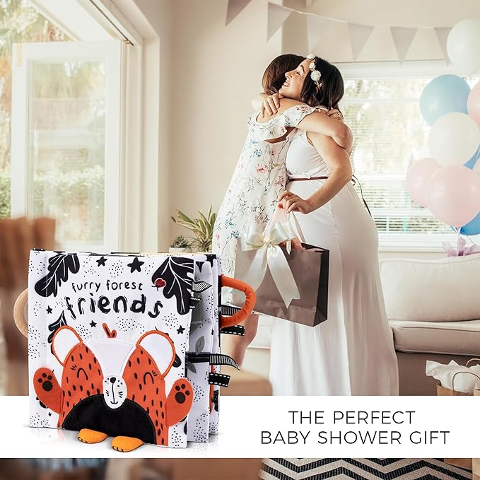 Soft Baby Book with Touch and Feel Pages - Cute Tummy Time Book for Babies 0-6 Months with Mirror & Crinkle Paper