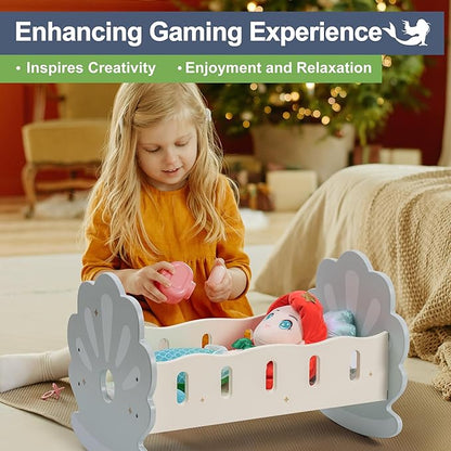 ROBOTIME Wooden Doll Rocking Cradle, Doll Bed Toys for Girl Dolls 18 Inches