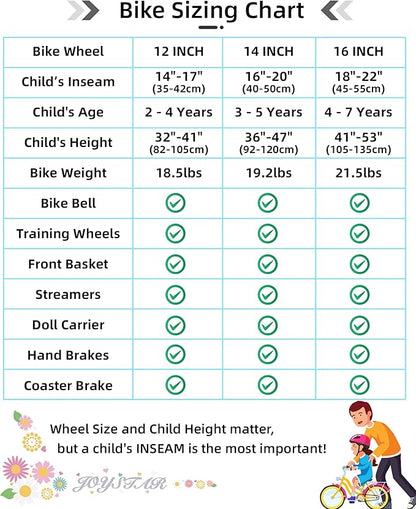 JOYSTAR Little Daisy Kids Bike for Girls Boys Ages 2-7 Years, 12 14 16 Inch Girls Bikes with Doll Bike Seat & Streamers