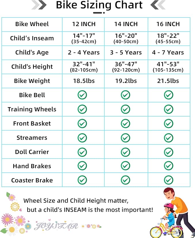 JOYSTAR Little Daisy Kids Bike for Girls Boys Ages 2-7 Years, 12 14 16 Inch Girls Bikes with Doll Bike Seat & Streamers