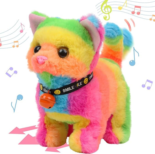 Hopearl Walking Cat Interactive Electronic Pet Plush Kitty Toy with Sounds and Movements Animated Meow Shake Head Wiggle Tail Gifts for Toddlers Birthday, Rainbow 7''