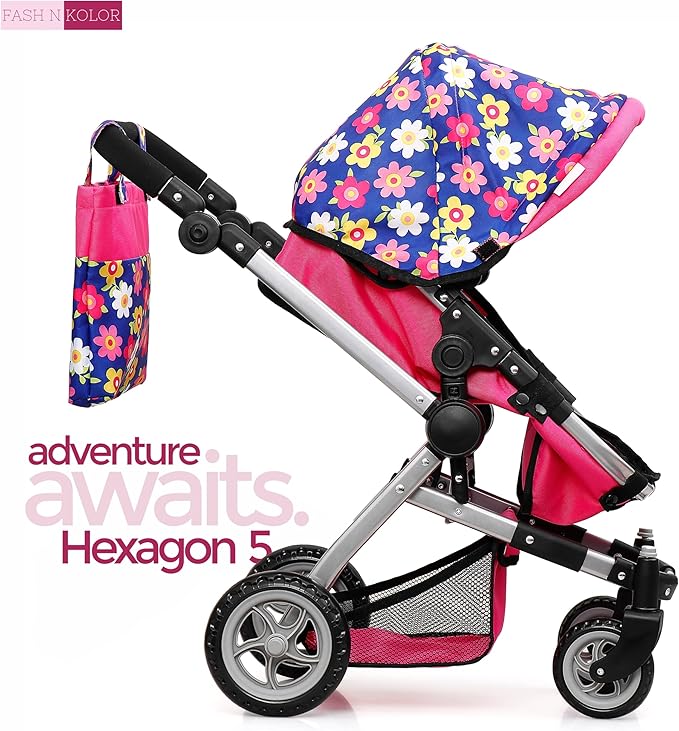 Fash N Kolor | Foldable Pram for Baby Doll with Flower Design with Swiveling Wheel Adjustable Handle Bassinet Stroller with Baby Doll, Convertible Seat