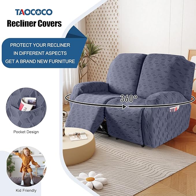 TAOCOCO Recliner Loveseat Cover, Stretch Jacquard Reclining Loveseat Cover Furniture Protector Sofa Slipcovers 2 Seat Recliner Covers with Elastic Bottom for Kids, Pets (Grey)