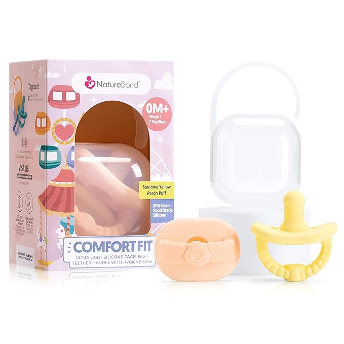 NatureBond Baby Pacifier Soother Silicone Binky Newborn Teether Pacifiers 2 in 1, Curved for Comfort | Hygiene Cover (0-6 Months