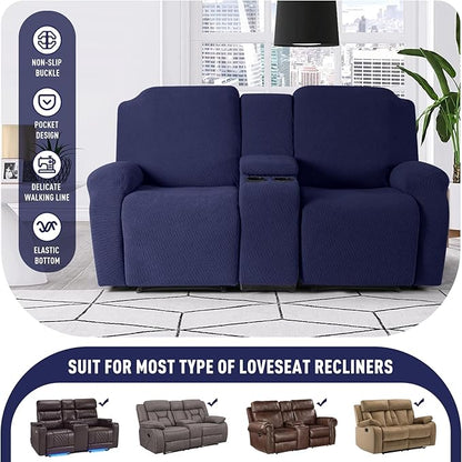 KinCam Loveseat Recliner Covers with Middle Console Slipcover, Recliner Sofa Covers 2 Seat Couch Cover Stripe Jacquard Furniture Protector Covers with Elastic Bottom for Kids, Pets (Dark Blue)