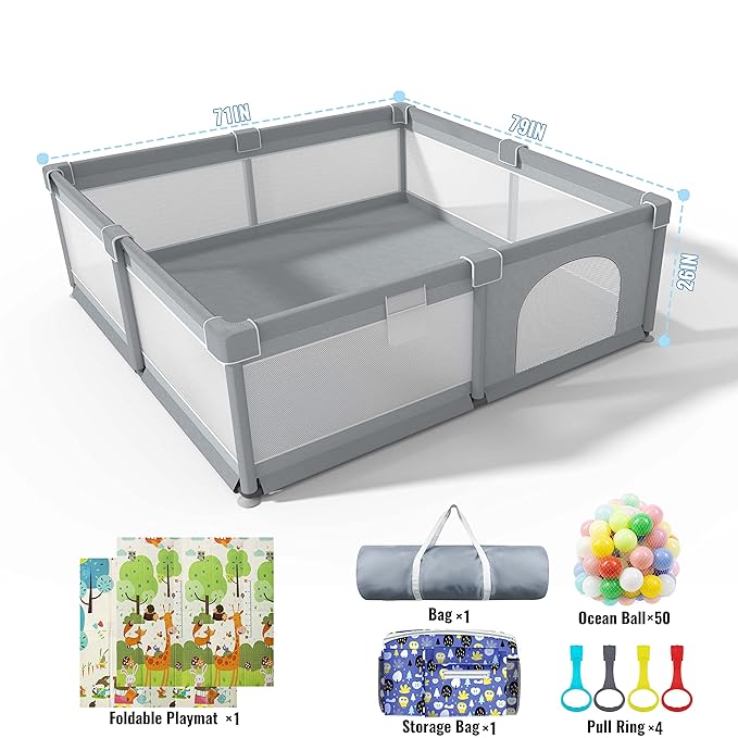 LUTIKAING 79"x71" Baby Playpen with Mat, Safe Playpen, Play Pen for Babies and Toddlers, Large Play Yard, Zipper Gate, Anti-Slip Suckers, Ideal Baby Gate Playpen for Toddlers 1-3