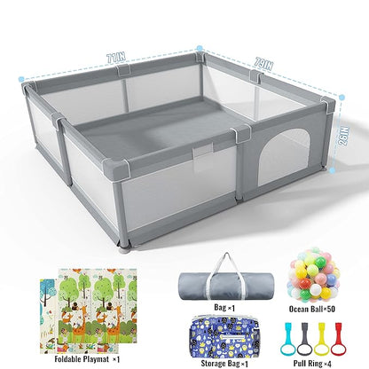 LUTIKAING 79"x71" Baby Playpen with Mat, Safe Playpen, Play Pen for Babies and Toddlers, Large Play Yard, Zipper Gate, Anti-Slip Suckers, Ideal Baby Gate Playpen for Toddlers 1-3