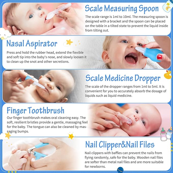 28Pcs Baby Healthcare and Grooming Kit modacraft Baby Safety Set with Hair Brush Lighting Ear Cleaner Nail Clippers Scale Measuring Spoon for Nursery Newborn Baby Girls Boys Kids Blue