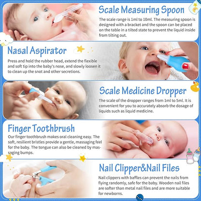 28Pcs Baby Healthcare and Grooming Kit modacraft Baby Safety Set with Hair Brush Lighting Ear Cleaner Nail Clippers Scale Measuring Spoon for Nursery Newborn Baby Girls Boys Kids Blue