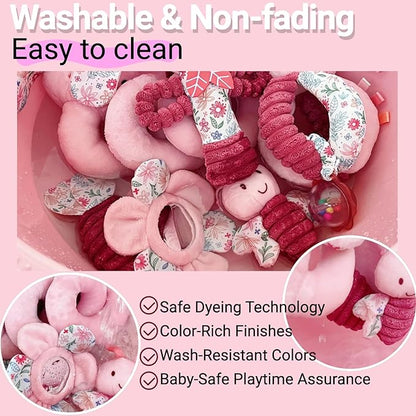 Baby Spiral Car Seat Toys for Babies 0-6 Months Girl Boy, Stroller Hanging Rattles, Infant Stuffed Animals Carseat Activity Toy 3-6-12 Months, Newborn Shower Gifts Mirror, Crinkle, Bunny 3PCS