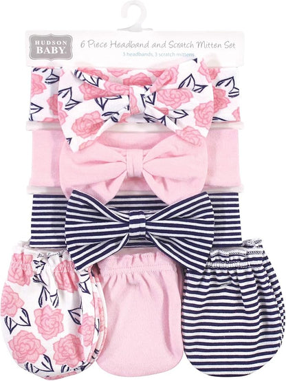 Hudson Baby Baby Girls' Cotton Headband and Scratch Mitten Set