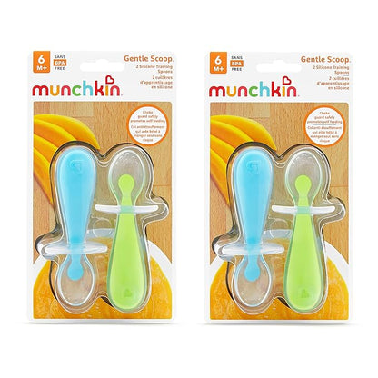 Munchkin® Silicone Scoop™ Trainer Spoons with Choke Guard for Baby Led Weaning, 4 Count, Blue/Green