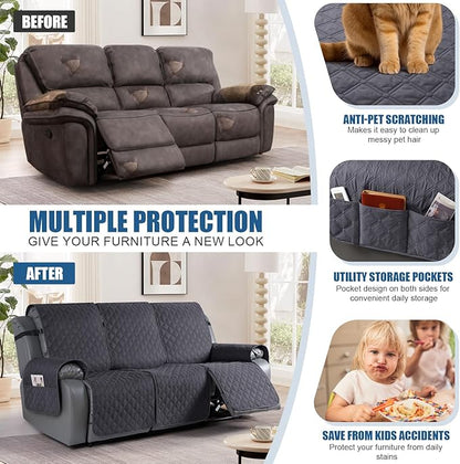 TAOCOCO 100% Waterproof Recliner Covers, Recliner Sofa Covers with Leg Straps, Reversible Recliner Couch Cover for Reclining Chair, Washable Couch Protector for Pets Kids(3 Seater, Charcoal Gray)