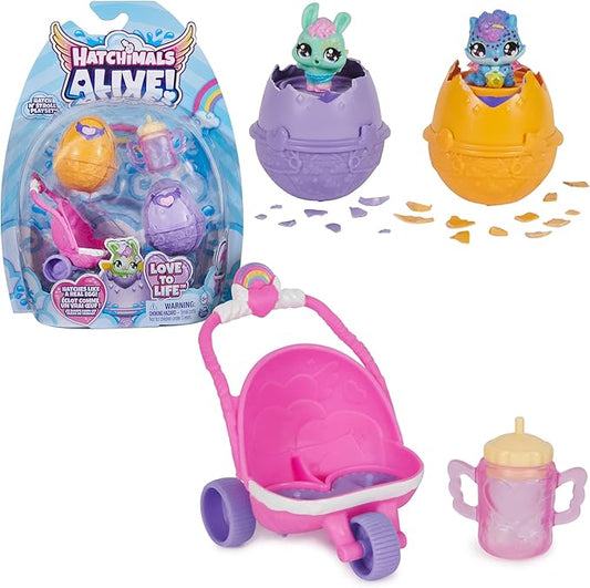 Hatchimals Alive, Hatch N’ Stroll Playset with Stroller Toy and 2 Mini Figures in Self-Hatching Eggs 3 and