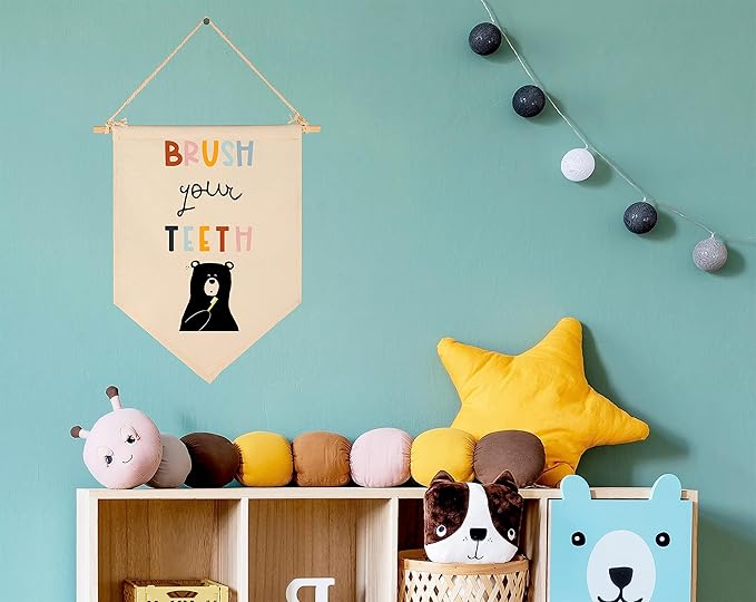 Brush Your Teeth - Bathroom Wall Decor for Kids- Bear Theme Decor- Children Learning Sign- Flag Decor Gift For Kids Boys Girls
