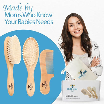 The Hat Pros Wooden Baby Hairbrush & Comb Set for Newborn and Toddlers Soft Goat Hair Brush for Babies and Infants Prevents Cradle Cap