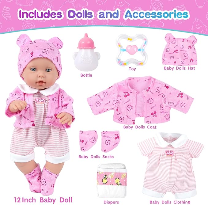 12 Inch Baby Doll Playset with Reborn Baby Dolls Clothes