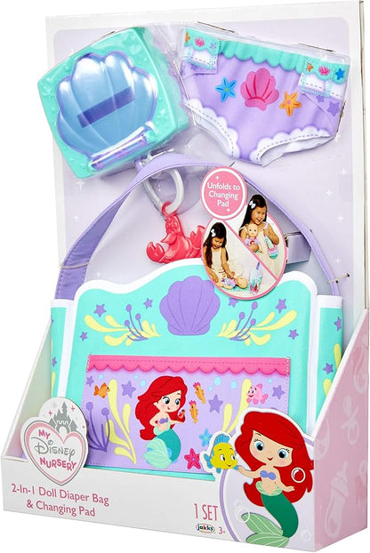 My Disney Nursery Baby Doll Accessories, Ariel Transforming 2-in-1 Diaper Bag & Changing Pad for Dolls Inspired by Disney The Little Mermaid! Pretend Wipes Toy Container