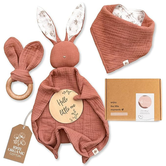 Mikito Organic Cotton Newborn Gifts Box, Baby Gifts Unisex incl. Muslin Baby Lovey Comforter + Baby Bandana Bib Drool + Wooden Baby Teether + Birth Announcement Sign