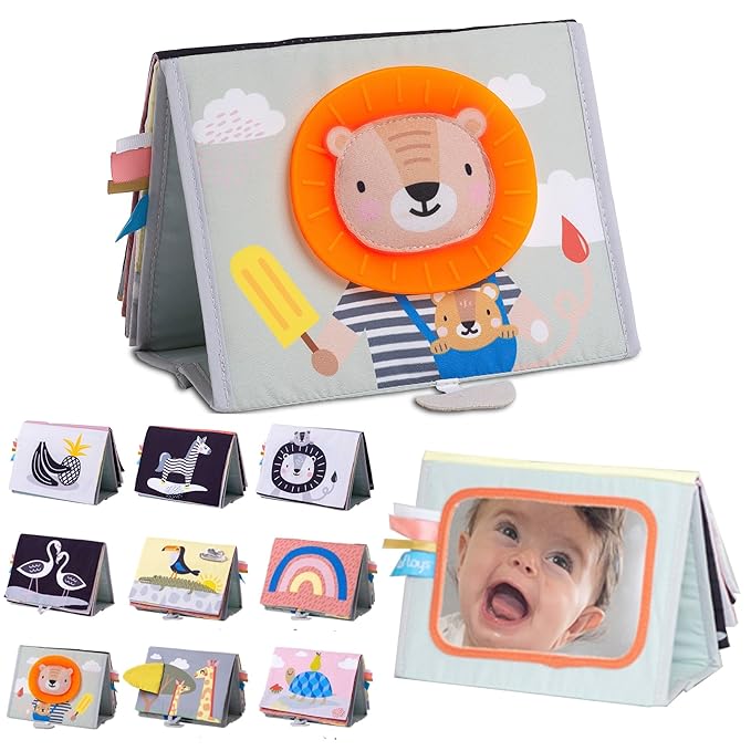 Taf Toys Savannah Infant Tummy-time Soft Crinkle Activity Book with Huge Baby Safe Mirror, 3D Activities