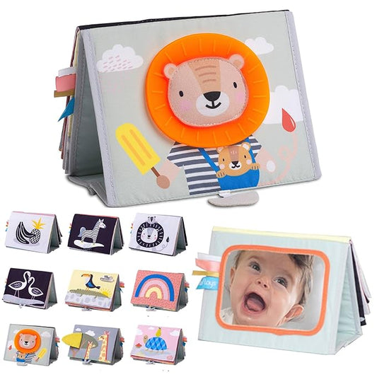 Taf Toys Savannah Infant Tummy-time Soft Crinkle Activity Book with Huge Baby Safe Mirror, 3D Activities