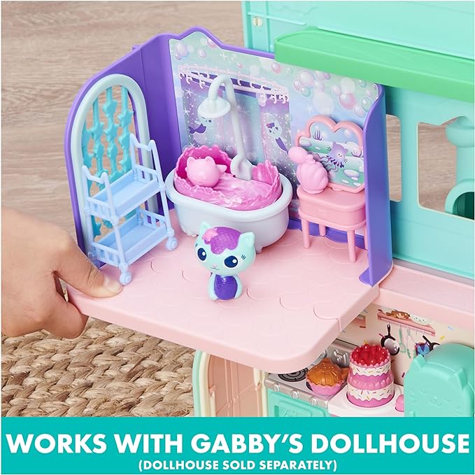 Gabby’s Dollhouse, Primp and Pamper Bathroom with Mercat Figure, 3 Accessories, 3 Furniture and 2 Deliveries, Kids Toys for Ages 3 and up