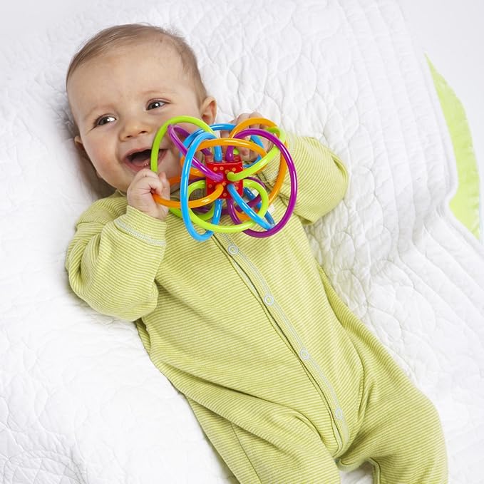 Manhattan Toy Winkel Rattle & Sensory Teether Toy, Blue/Green/Orange 5 Inch 4 Inch 3.5 Inch