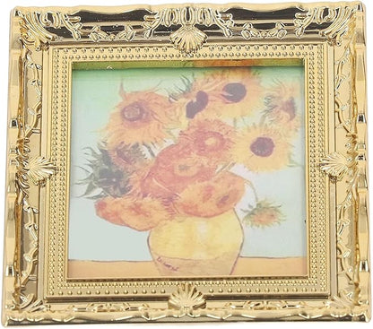 CHICIRIS Miniatures Art Painting, Gold Frame Miniatures Oil Painting Beautiful for Kids for Dollhouse Decoration (Sunflower Shape)