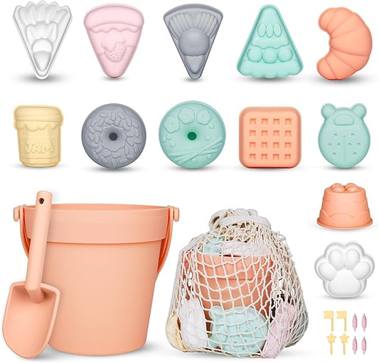 ISSEVE 23Pcs Beach Toys Set for Kids Toddlers Girls, Silicone Sand Toys Include Sand Bucket 12 Sand 3-12 (Peach)